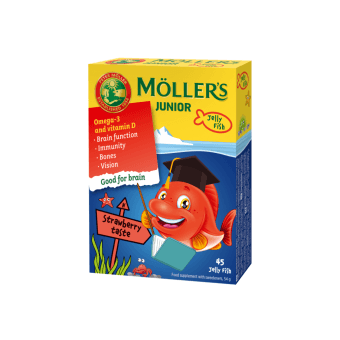 MÖLLER’S žuvų taukai JUNIOR OMEGA-3, braškių-aviečių skonio, 45 kramtomos gelinės žuvelės, 45 guminukų