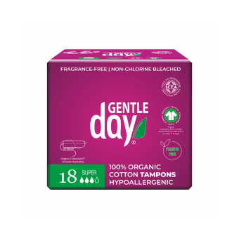 GENTLE DAY® ekologiškos medvilnės tamponai SUPER, bekvapiai, 18 vnt.