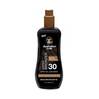 AUSTRALIAN GOLD apsauginis purškiamasis kūno pienelis nuo saulės su bronzantais, SPF 30, 237 ml