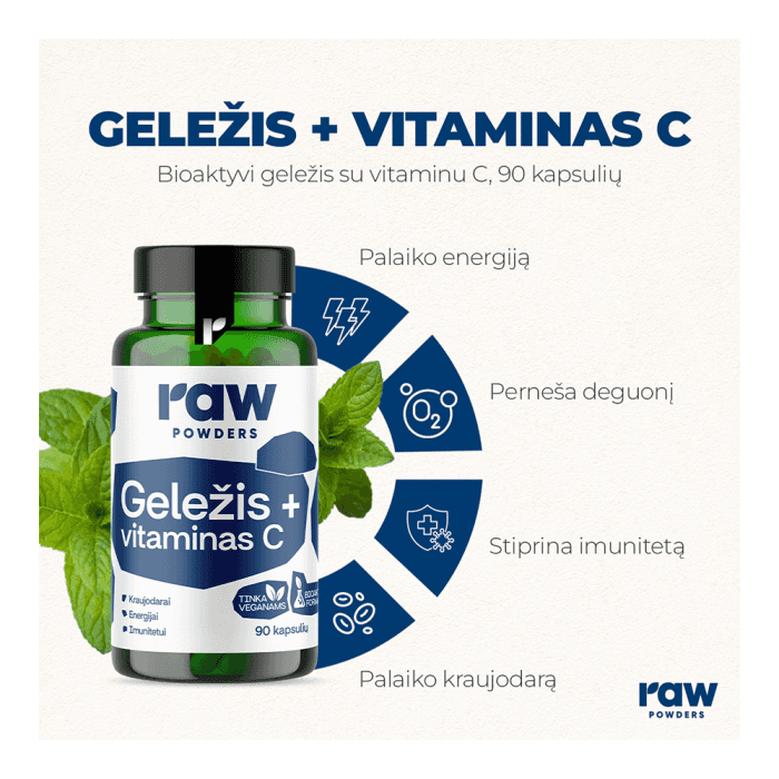 RAW POWDERS BIOAKTYVI GELEŽIS SU VITAMINU C, 90 kapsulių-1
