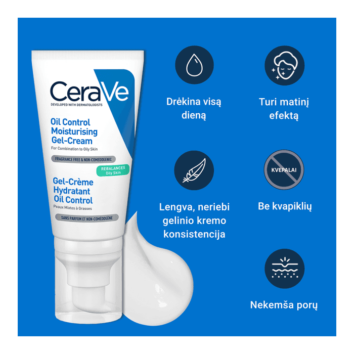 CERAVE drėkinamasis gelinis kremas „Oil Control“ mišriai ir riebiai odai, 52 ml-2