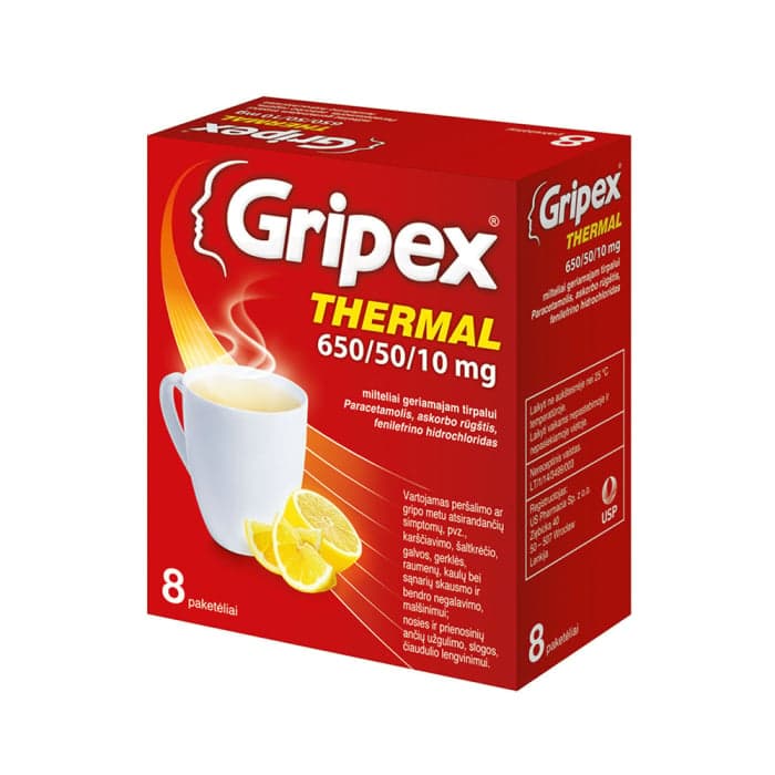 GRIPEX THERMAL, 650mg+50mg+10mg, milteliai geriamajam tirpalui, N8