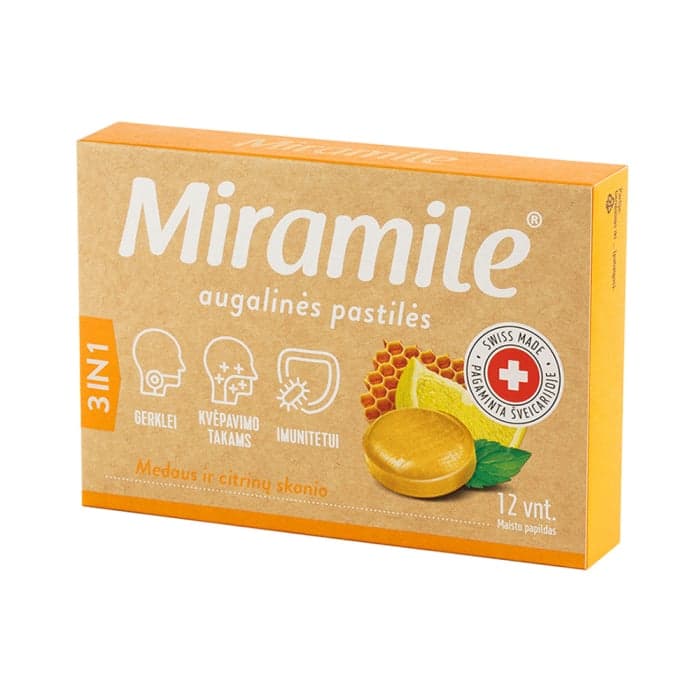 Miramile® augalinės pastilės citrinų ir medaus skonio 3IN1, 12 vnt.