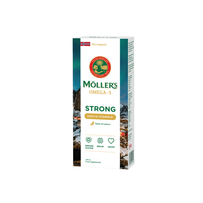 MÖLLER'S STRONG VITAMIN D žuvų taukai, citrinų skonio, 250 ml