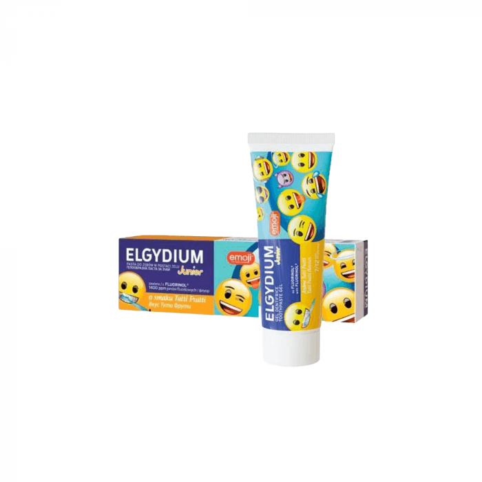 ELGYDIUM dantų pasta gelis vaikams JUNIOR Tutti-Frutti ėduonies kontrolei, Emoji, vaisių skonio, 7-12 m., 50 ml
