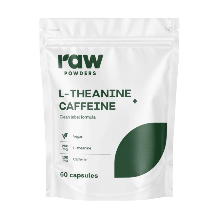 RAW POWDERS L-TEANINAS + KOFEINAS PLUS, 60 kapsulių