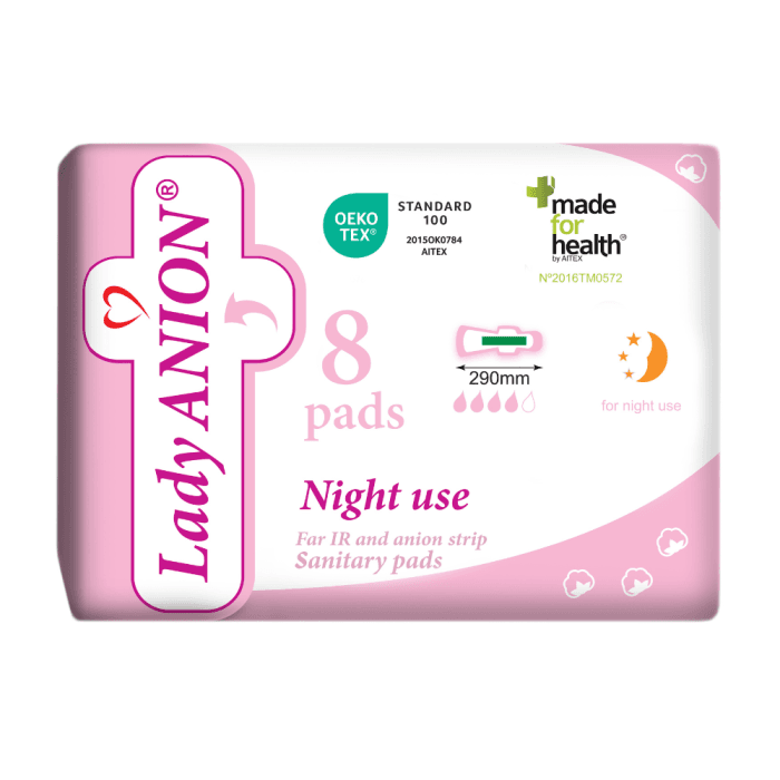 LADY ANION naktiniai paketai su anijonų juostele, LT-EKO-001, 8 vnt.