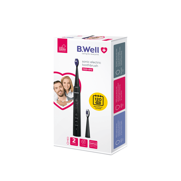 B.WELL elektrinis dantų šepetėlis MED-870 SONIC, juoda spalva, 1 vnt.-1