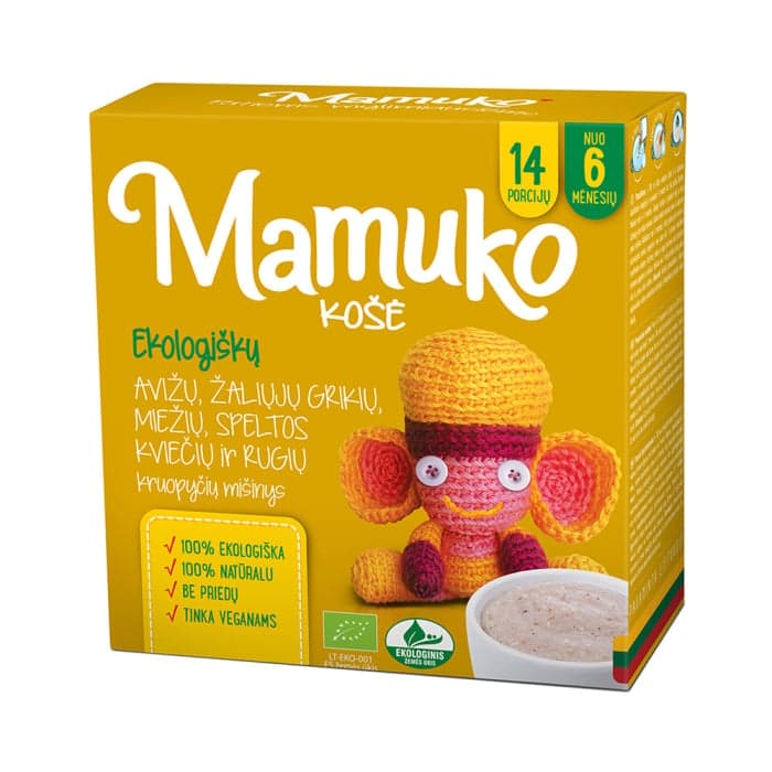 MAMUKO ekologiška avižų, žaliųjų grikių, miežių, speltos kviečių ir rugių košė, nuo 6 mėn., LT-EKO-001, 240 g
