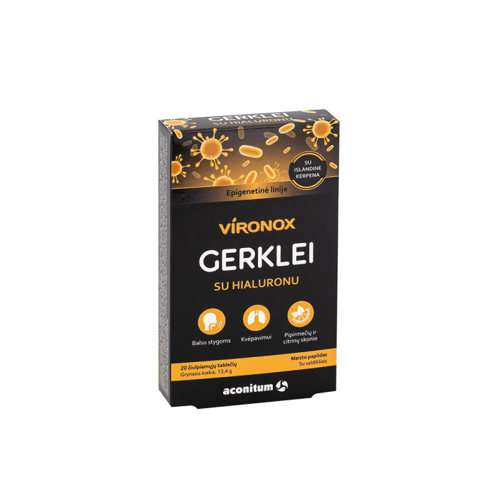 VIRONOX GERKLEI SU HIALURONU, 20 čiulpiamųjų tablečių-1