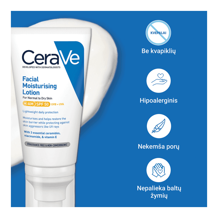 CERAVE drėkinamasis veido losjonas su SPF50 apsauga nuo saulės, 52 ml-2