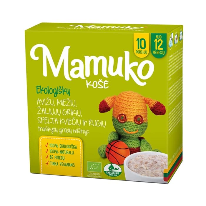 MAMUKO ekologiška traiškytų žaliųjų grikių, miežių, speltos kviečių, rugių ir avižų košė, nuo 12 mėn., LT-EKO-001, 240 g