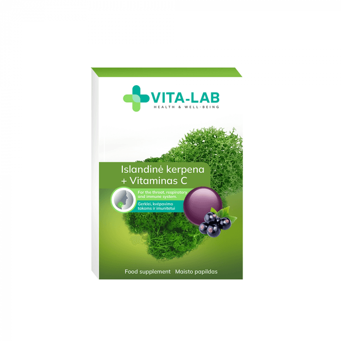 VITA-LAB kietosios pastilės gerklei Islandinė kerpena+ Vitaminas C, 12 kietų pastilių