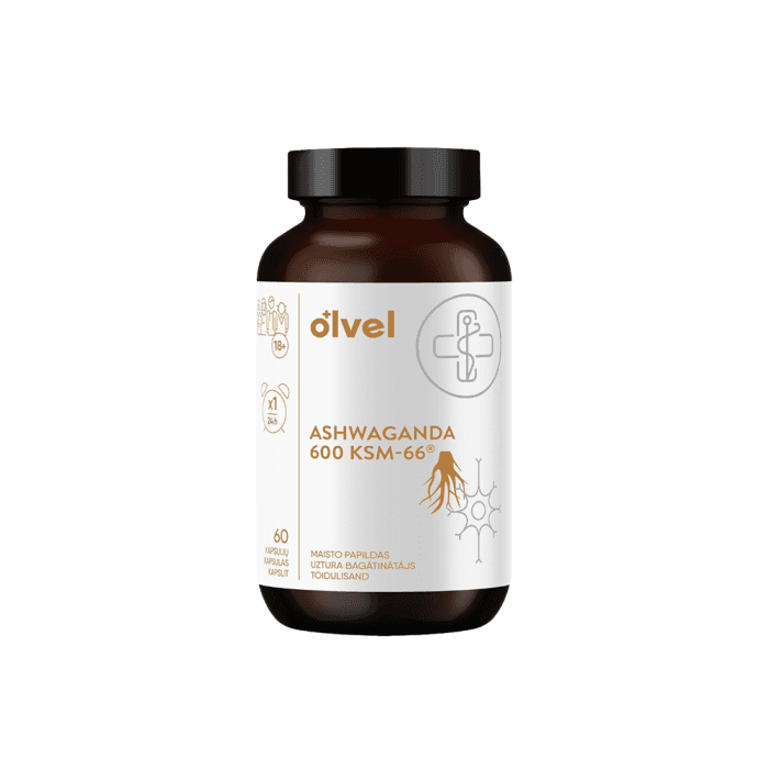 OLVEL,  ASHWAGANDA 600 KSM-66®, 60 kapsulių
