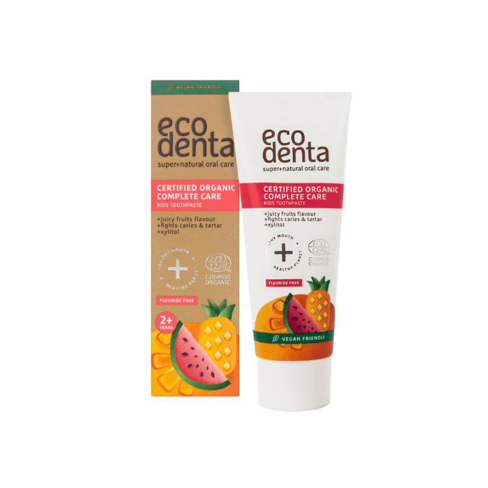 ECODENTA vaikiška dantų pasta be fluoro ORGANIC, sultingų vaisių skonio, 75 ml