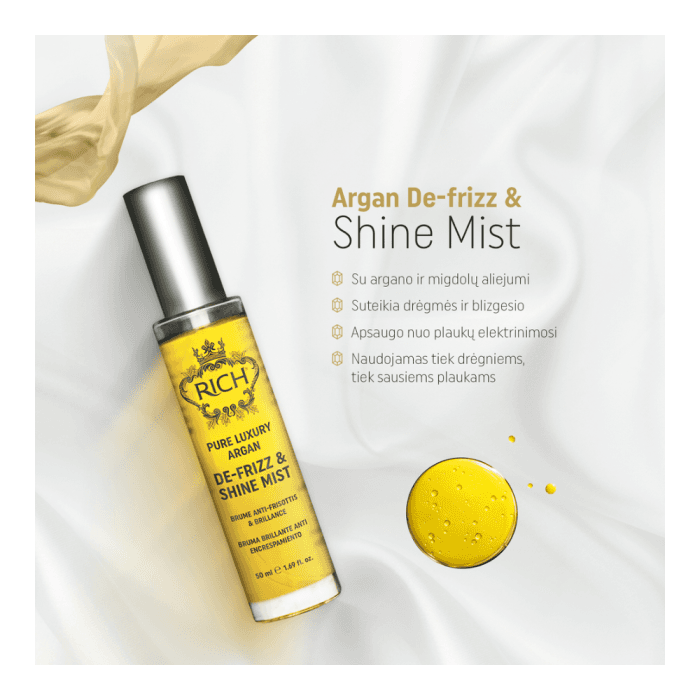 RICH glotninantis ir blizgesio suteikiantis plaukų purškalas PURE LUXURY ARGAN DE-FRIZZ & SHINE MIST, 50 ml-1