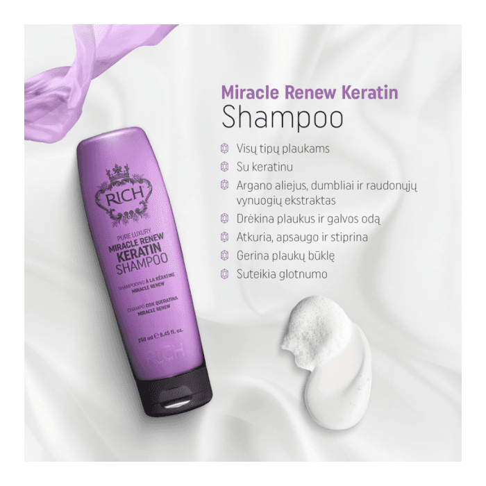 RICH glotnumo suteikiantis plaukų šampūnas su keratinu, MIRACLE RENEW KERATIN, 250 ml-1