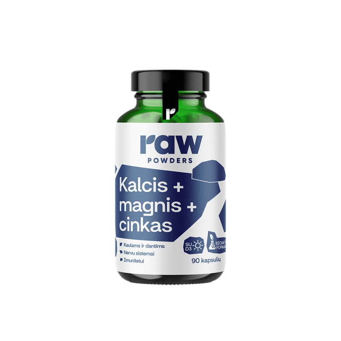 RAW POWDERS Kalcis, magnis, cinkas PLUS, 90 Kapsulės