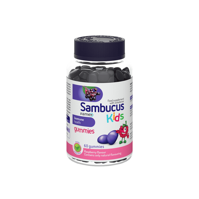 SAMBUCUS KIDS guminukai, aviečių skonio, 60 guminukų