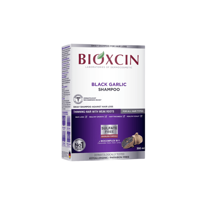 BIOXCIN šampūnas nuo plaukų slinkimo su juoduoju česnaku, 300 ml-2