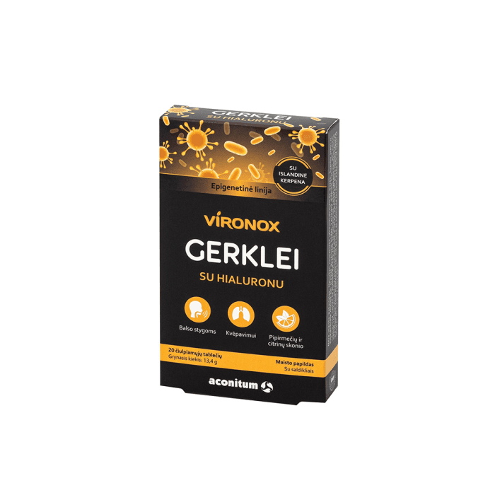 VIRONOX GERKLEI SU HIALURONU, 20 čiulpiamųjų tablečių
