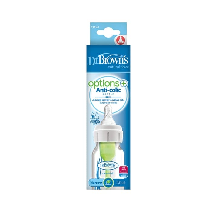 DR. BROWN'S siauro kaklelio buteliukas OPTIONS+, 120 ml+žindukas, 0–3 mėn., 1 vnt., + valymo šepetėlis, 1 vnt.-1
