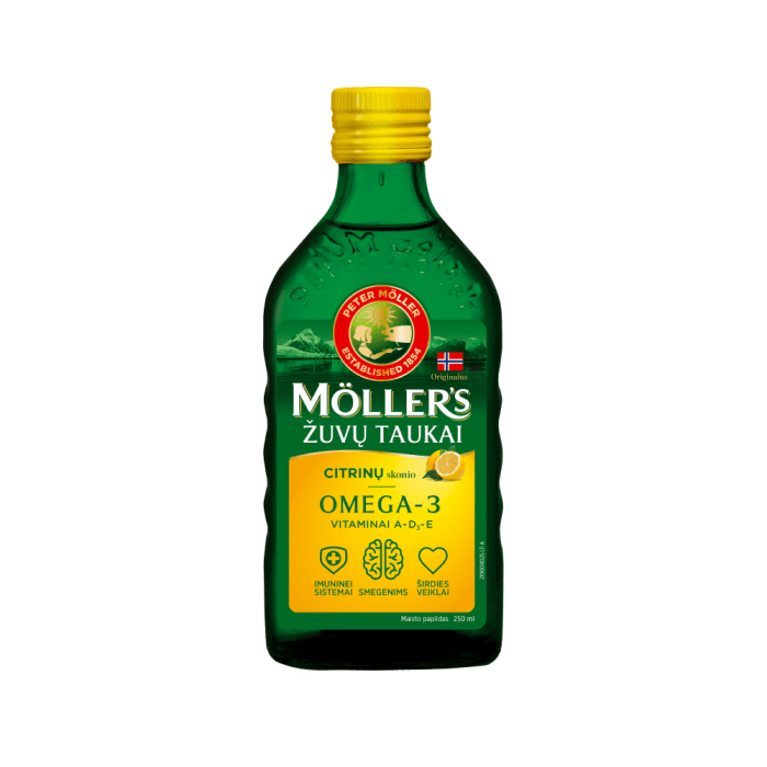 MÖLLER'S žuvų taukai, citrinų skonio, 250 ml