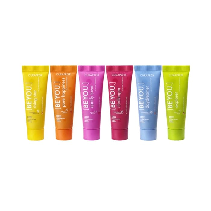 CURAPROX dantų pastų rinkinys su dantų šepetėliu BE YOU, įvairių skonių, nuo 6 m., 6 vnt., 10 ml+dantų šepetėlis-1