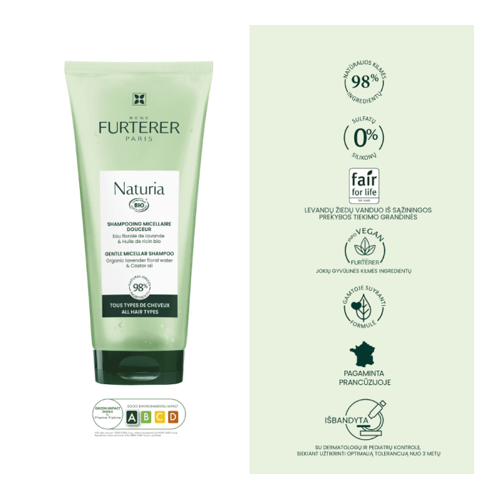 RENE FURTERER švelnus micelinis šampūnas su ekologiškų levandų vandeniu ir ricinos aliejumi kasdieniam naudojimui NATURIA, 200 ml-1