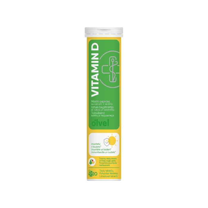 OLVEL VITAMINAS D, tropinių vaisių skonio, 20 tirpių tablečių