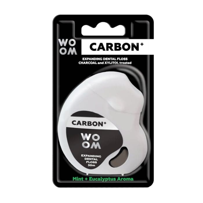 WOOM dantų siūlas su aktyvuota anglimi CARBON+, mėtų ir eukalipto skonio, 30 m