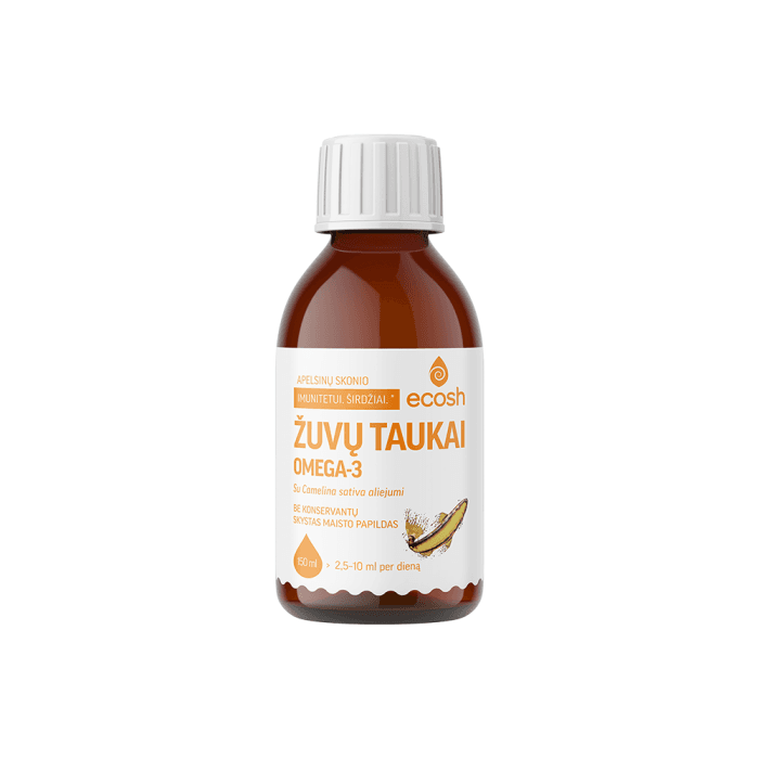 ECOSH Žuvų taukai, su Camelina sativa aliejumi, apelsinų skonio, 150 ml