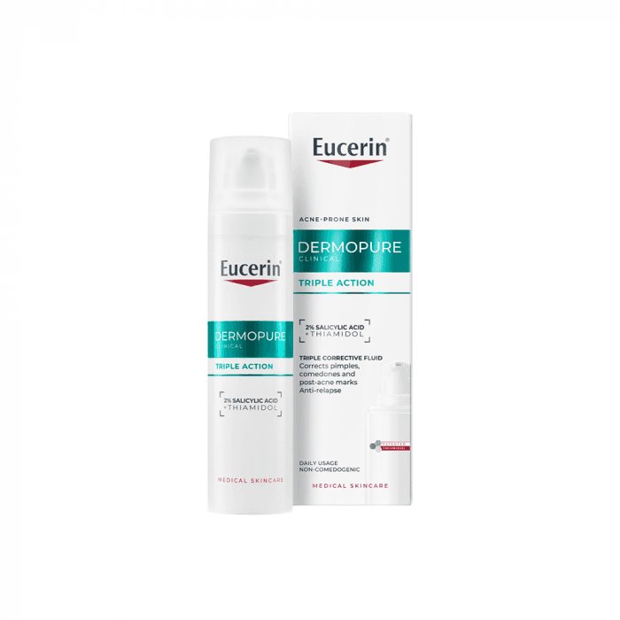 EUCERIN trigubo poveikio koreguojamasis fluidas riebiai, į aknę linkusiai odai DERMOPURE CLINICAL, 40 ml