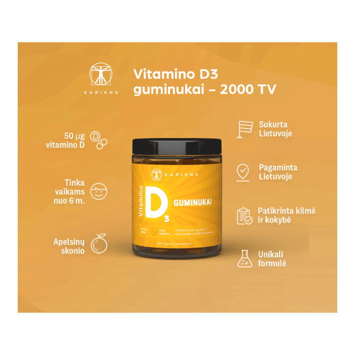 SAPIENS vitamino D3 guminukai, nuo 6 m., apelsinų skonio, 60 guminukų-1