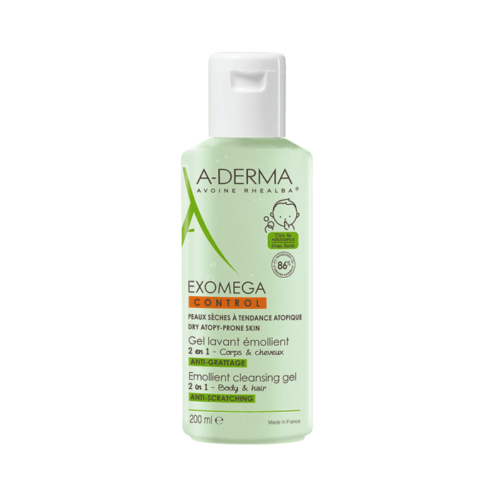 A-DERMA prausiamasis gelis-emolientas kūnui ir plaukams 2 IN 1 EXOMEGA CONTROL, nuo gimimo, 200 ml