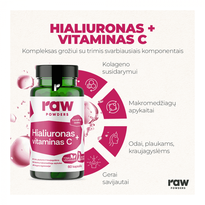 RAW POWDERS HIALURONAS + VITAMINAS C, 60 kapsulių-1