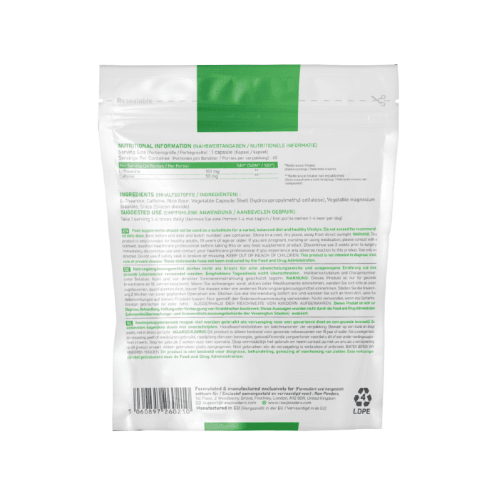 RAW POWDERS L-TEANINAS + KOFEINAS, 60 kapsulių-1