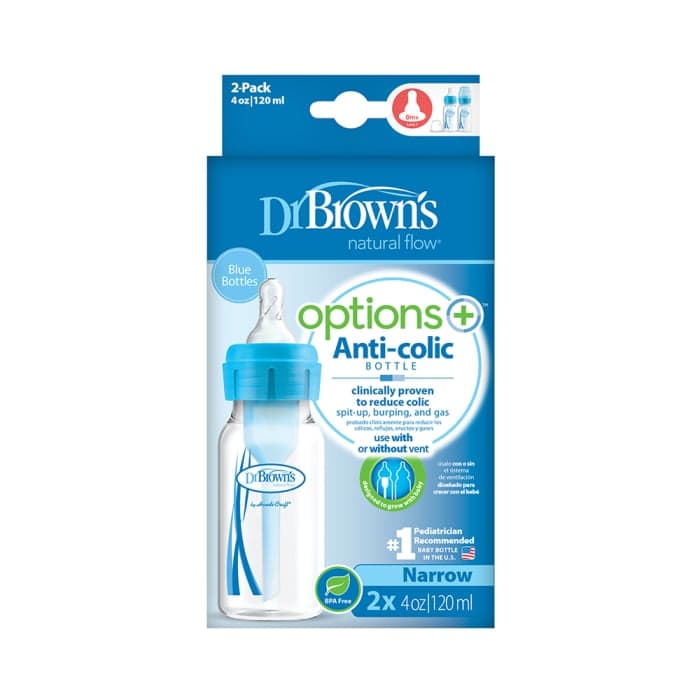 DR. BROWN'S siauro kaklelio buteliukas OPTIONS+, mėlyna spalva, 2 vnt., 120 ml+žindukas, 0–3 mėn., 2 vnt., + valymo šepetėlis, 1 vnt.-1