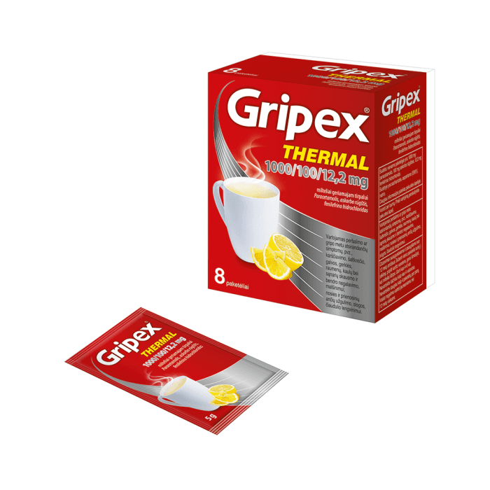 GRIPEX THERMAL, 1000mg+100mg+12,2mg, milteliai geriamajam tirpalui, N8-1