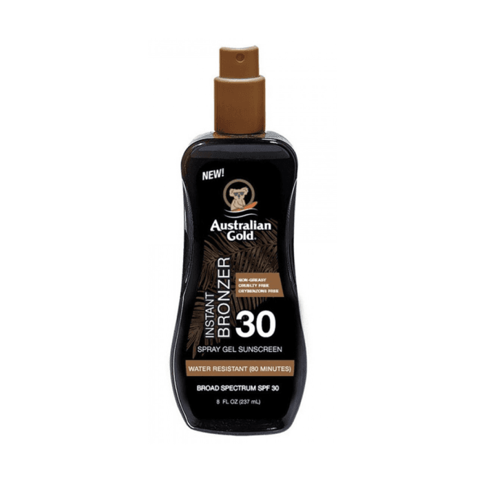 AUSTRALIAN GOLD apsauginis purškiamasis kūno pienelis nuo saulės su bronzantais, SPF 30, 237 ml