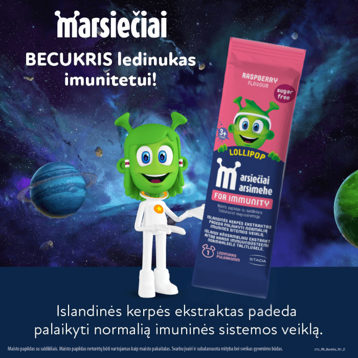 MARSIEČIAI LOLLIPOPS ledinukas imunitetui, aviečių skonio 10 g, 1 vnt.-2