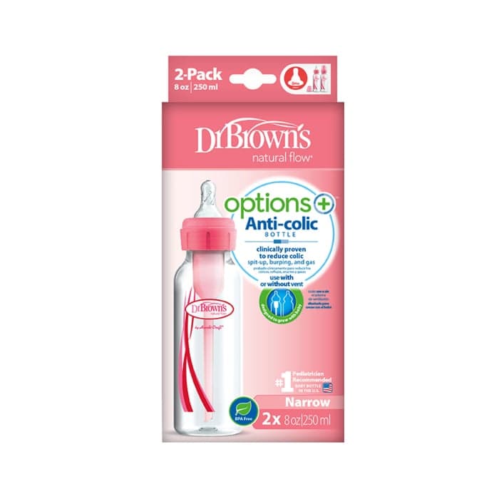 DR. BROWN'S buteliukas siauru kakleliu OPTIONS+, rožinė spalva, 2 vnt., 250 ml+žindukas, 0–3 mėn., 2 vnt., + valymo šepetėlis, 1 vnt.-1